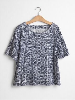Talbots Blue White Floral Tile Print Pima Cotton Top Short Sleeve XL